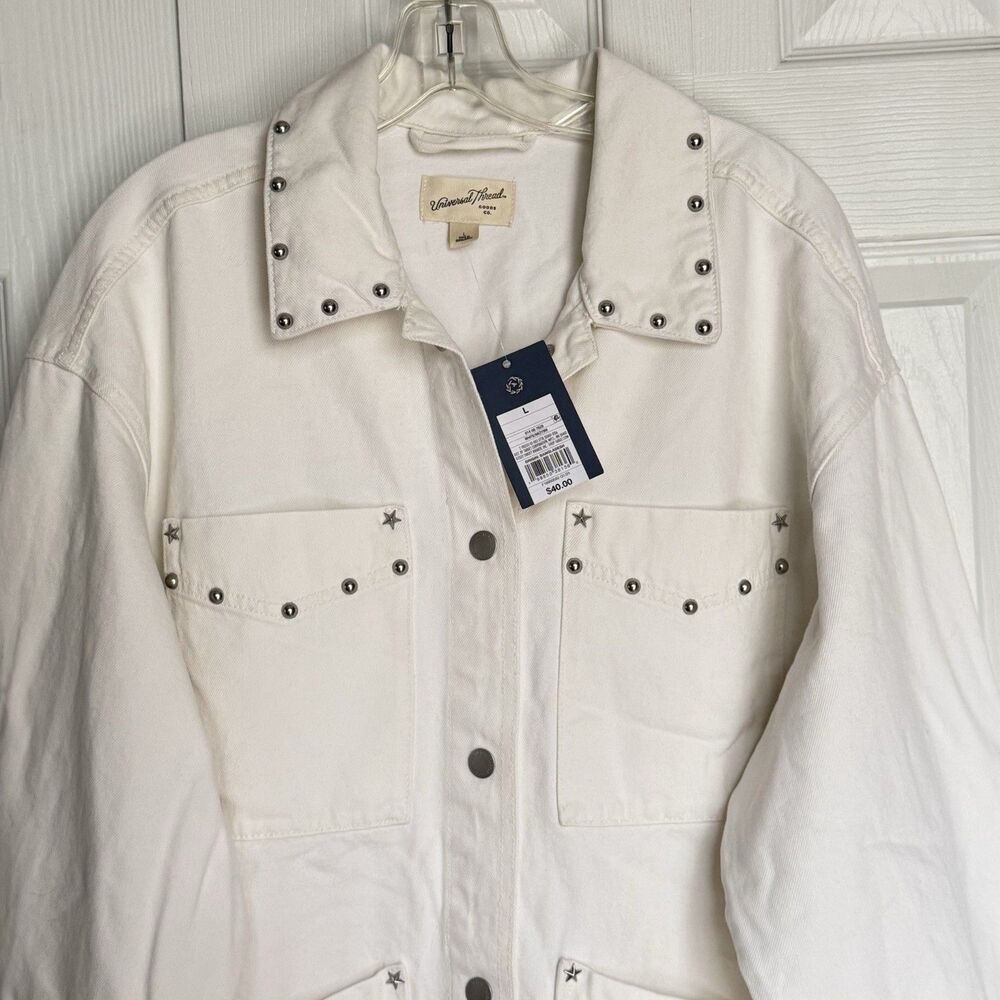 NWT Women's Studded Chore Denim Jacket - Universal Thread White Size L - Picture 9 of 17